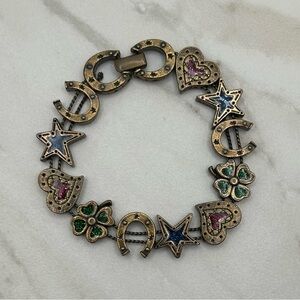 Vintage Avon Lucky Slider Charm Bracelet Hoseshoe Clover Heart Star Good Luck